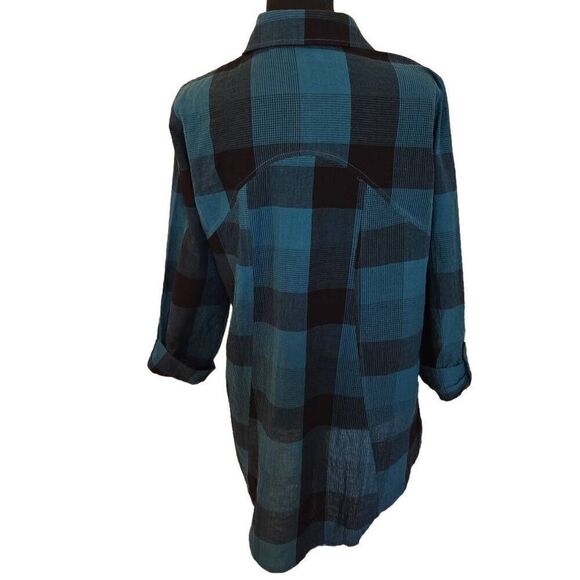 Habitat Women Plaid Printed Shacket Button Up Tunic Blouse Turquoise Black Small - Picture 5 of 11